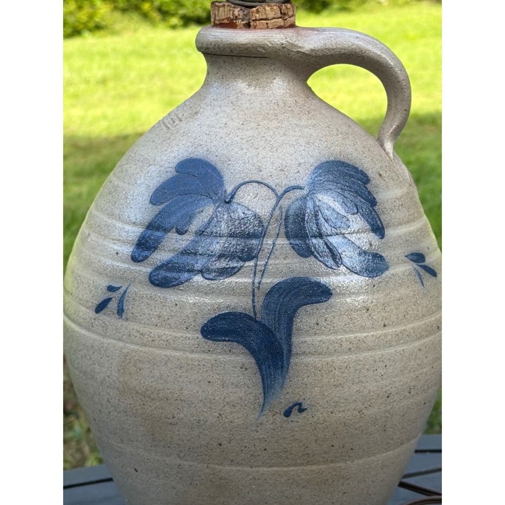 Rowe Pottery Works 1984 Salt Glaze Stoneware Jug Lamp Cobalt Blue Floral Vintage